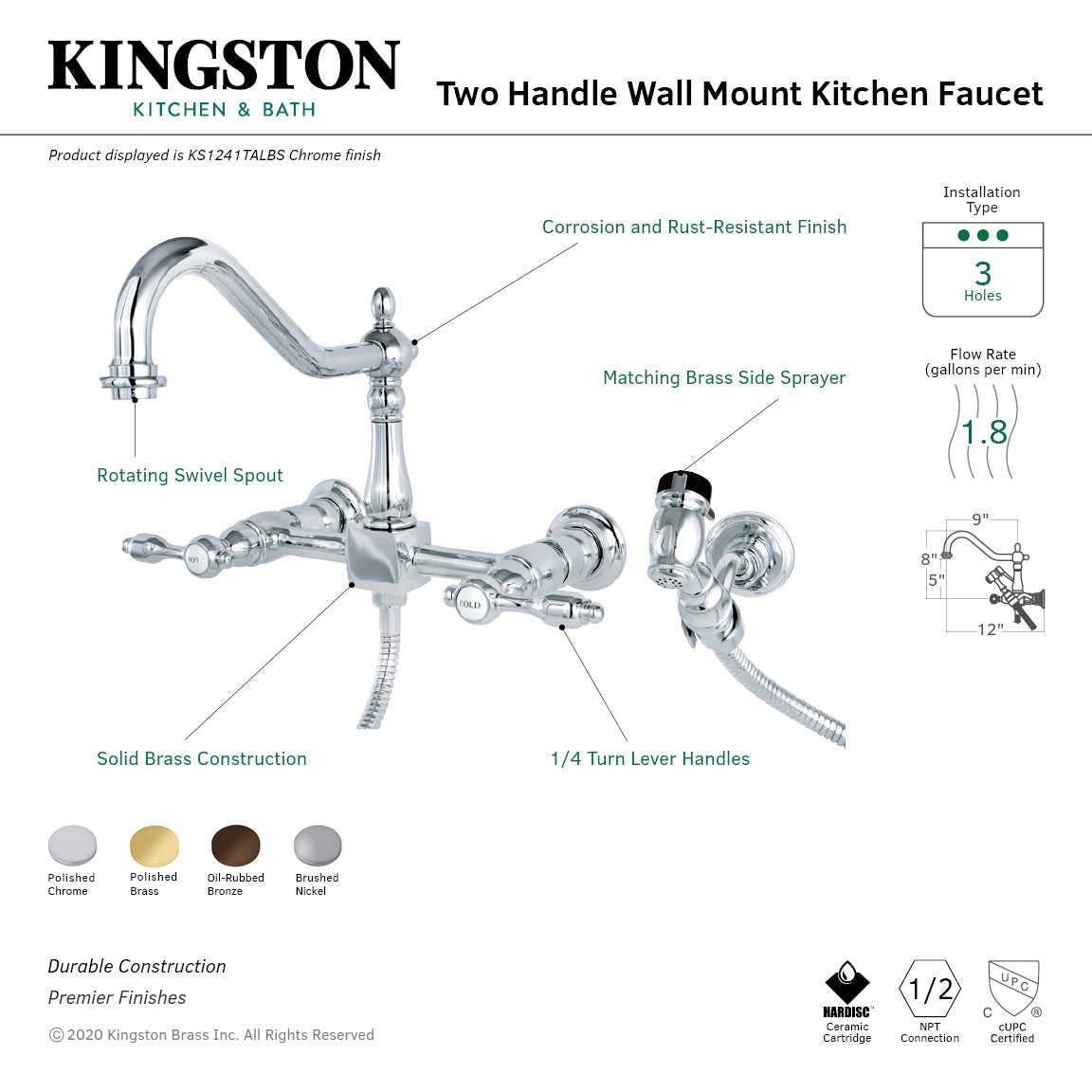 Kingston Heirloom KS1241TALBS - Tudor Two-Handle 3-Hole Wall Mount Bridge Kitchen Faucet with Brass Sprayer, Polished Chrome — thumbnail 3
